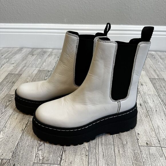 MARC FISHER 6M Patrick White Leather Chelsea Ankle Booties Boots Punk Chunky - Picture 2 of 8